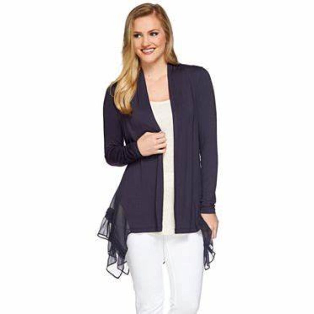 LOGO by Lori Goldstein Knit Cardigan with Pleated Chiffon | Size Large